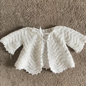 Handmade White Crochet Baby Cardigan with Ribbon Tie